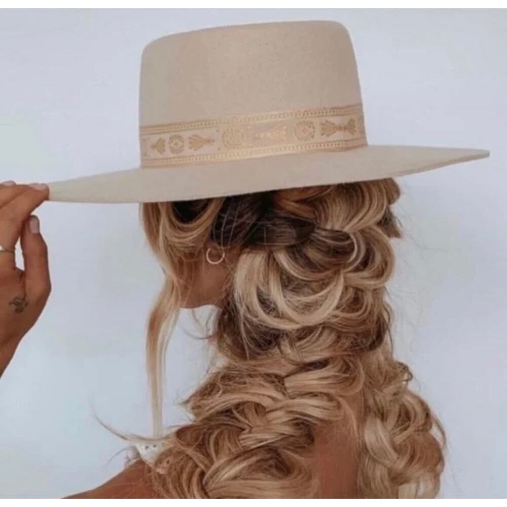 New Lack Of Color Juno Boater Hat Cream Australian Wool Small Gold Band Felt